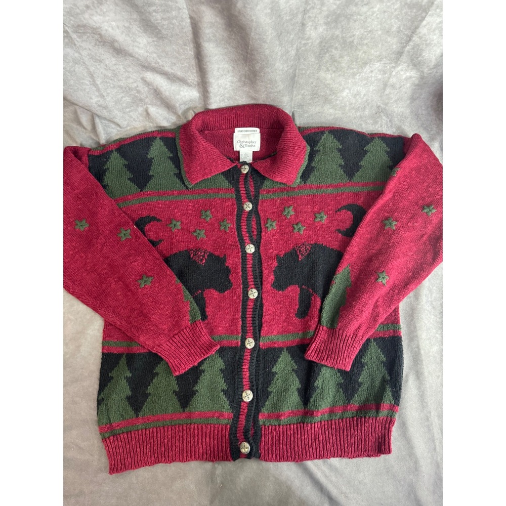 Christopher & Banks Vintage Black Bear Pine Tree Cardigan Sweater Burgundy L